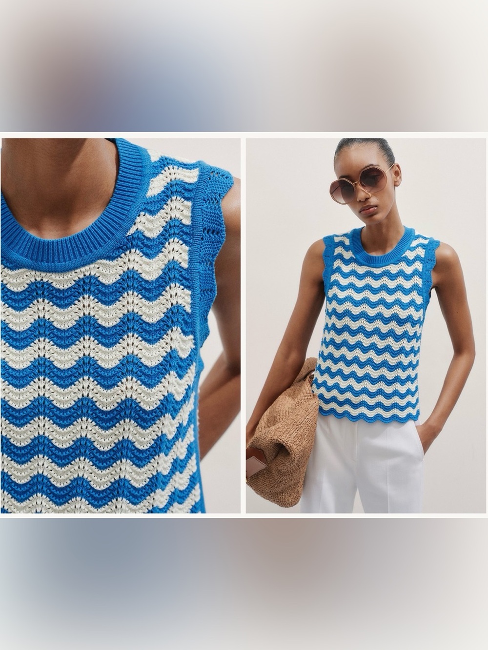 ME+EM Blue & White Wave Knit Sleeveless Top